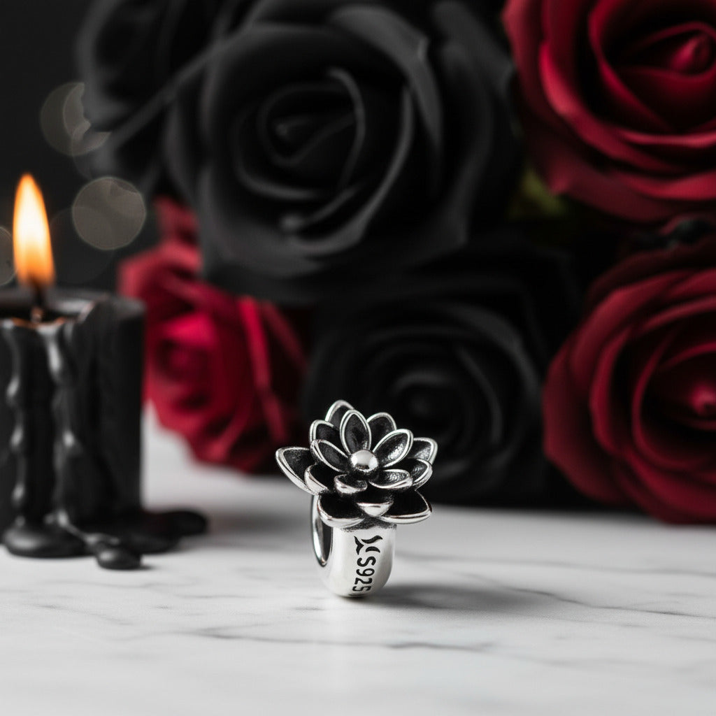 Gothic Black Flower Lotus Charm-Black Diamonds New York