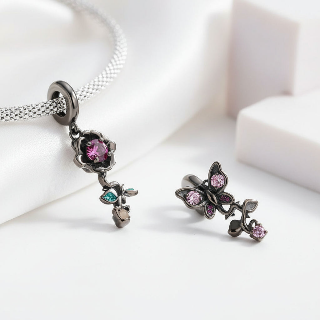 Gothic Black Moon Rose & Butterfly Charm Series-Black Diamonds New York