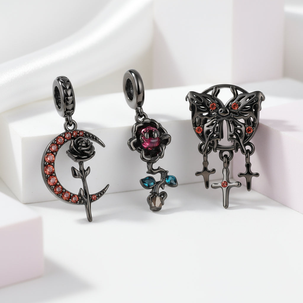 Gothic Black Moon Rose & Butterfly Charm Series-Black Diamonds New York