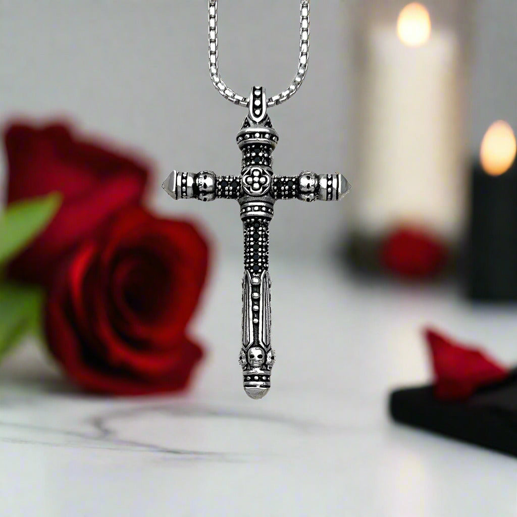 Gothic Cross Pave Diamond Sword Necklace-Black Diamonds New York