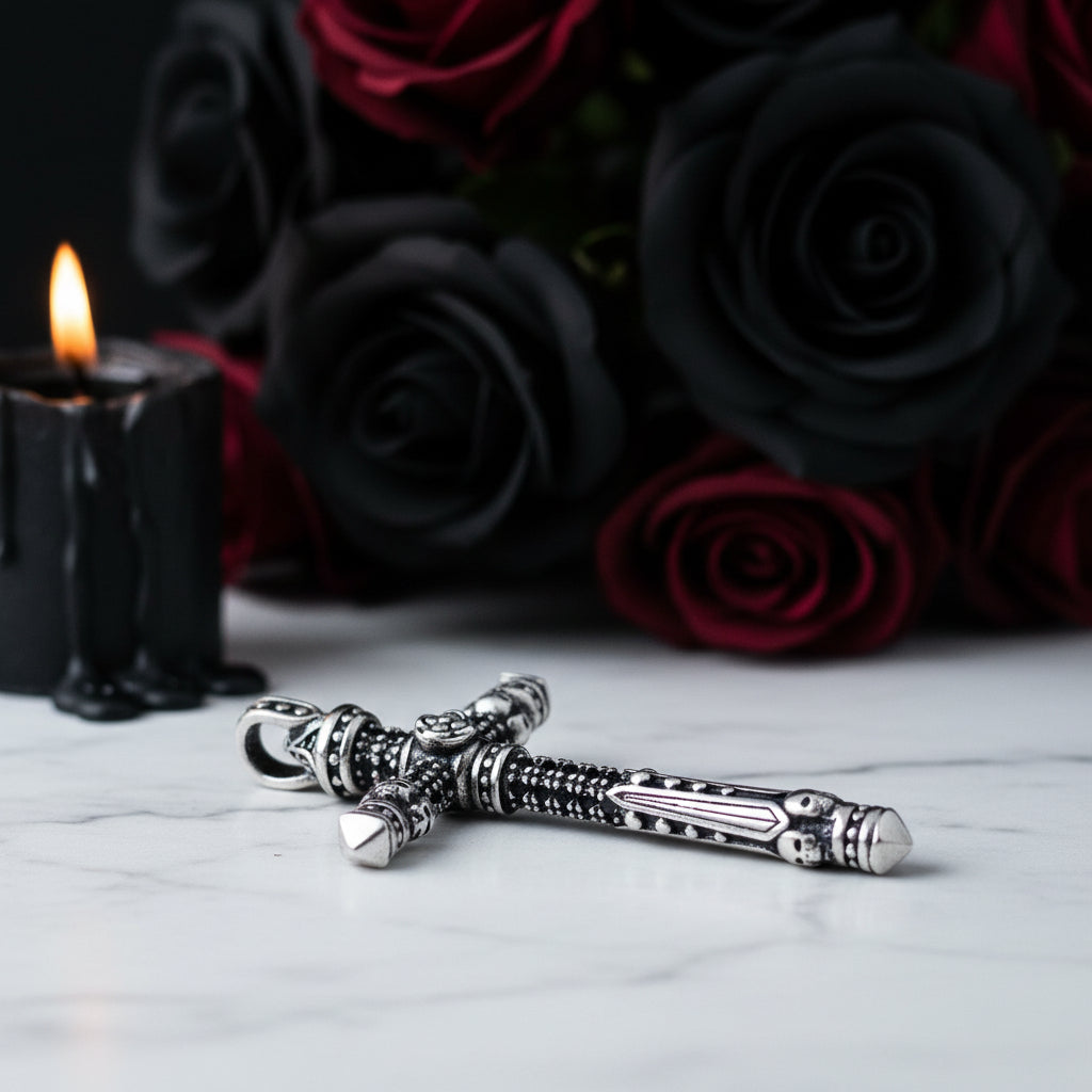 Gothic Cross with Diamond Option Sword Pendant-Black Diamonds New York