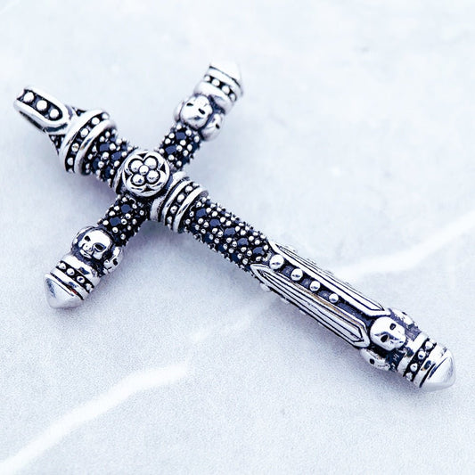 Gothic Cross with Created Diamond Sword Pendant-Black Diamonds New York