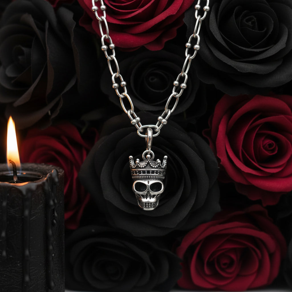 Gothic Crowned Skull King Charm Necklace-Black Diamonds New York