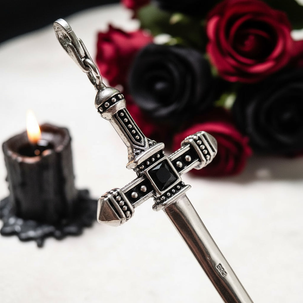 Gothic European Style Sword & Knight Skull with Crown Pendants-Black Diamonds New York