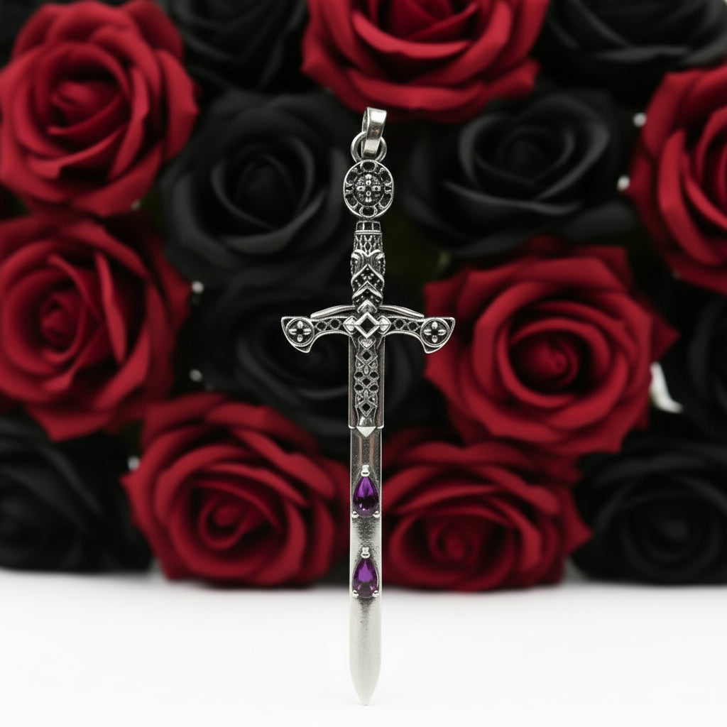 Gothic European Style Sword & Knight Skull with Crown Pendants-Black Diamonds New York