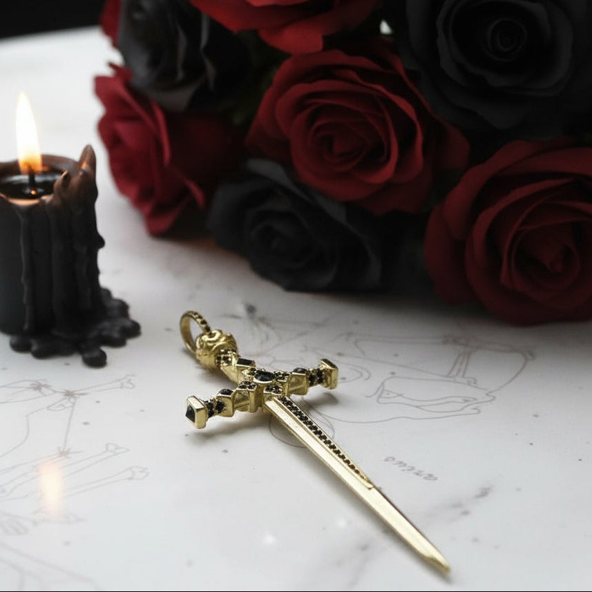 Gothic European Style Sword & Knight Skull with Crown Pendants-Black Diamonds New York