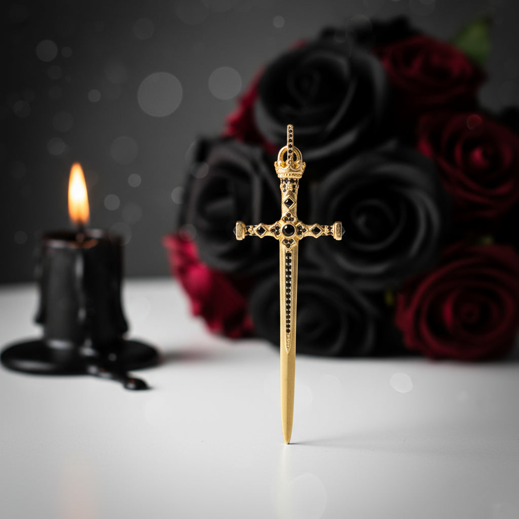 Gothic European Option Sword & Knight Skull with Crown Pendants-Black Diamonds New York