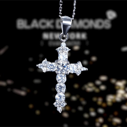 Gothic Round Cut Created Diamond Silver Cross Necklace - Black Diamonds New York