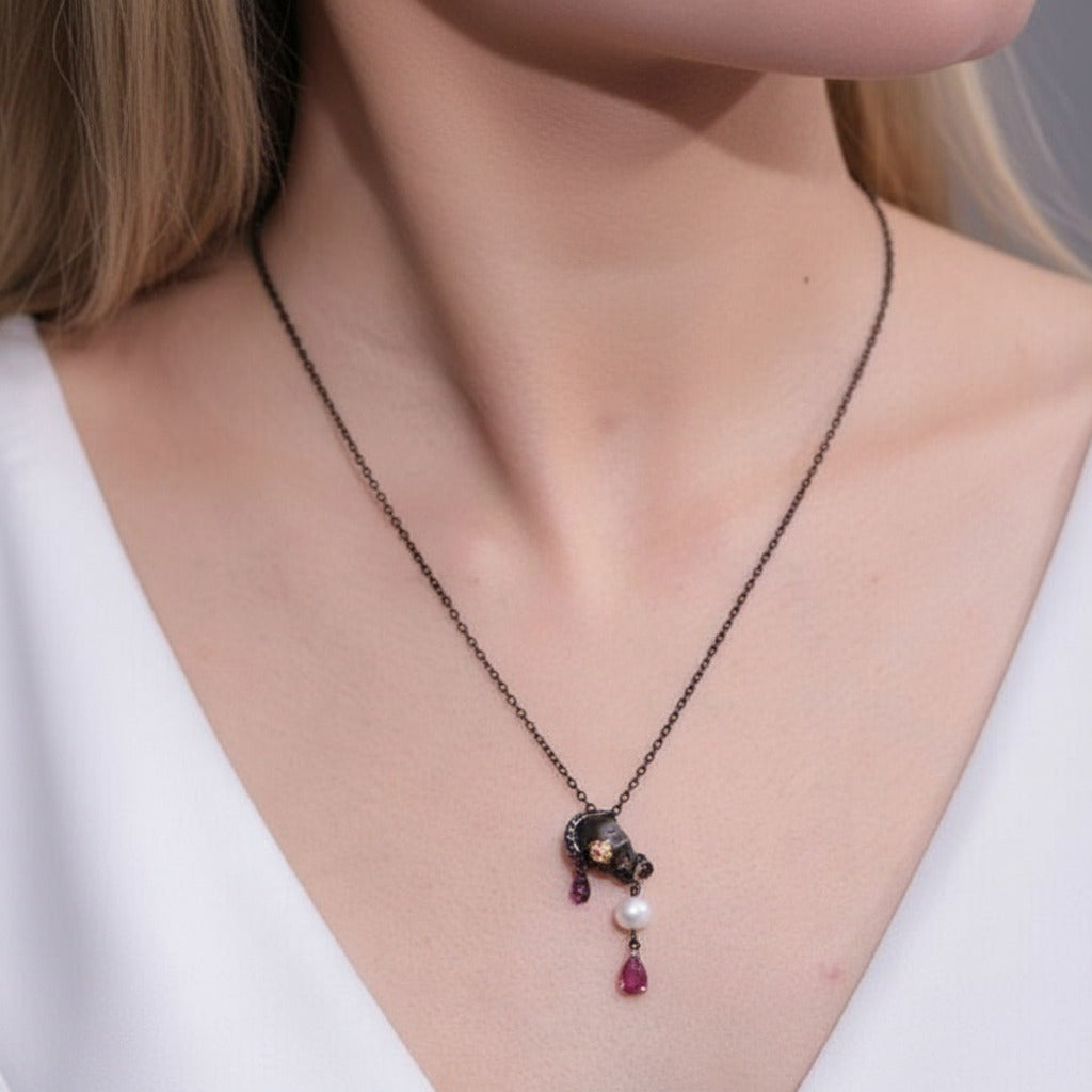 Gothic Skull with Freshwater Pearl Necklace-Black Diamonds New York