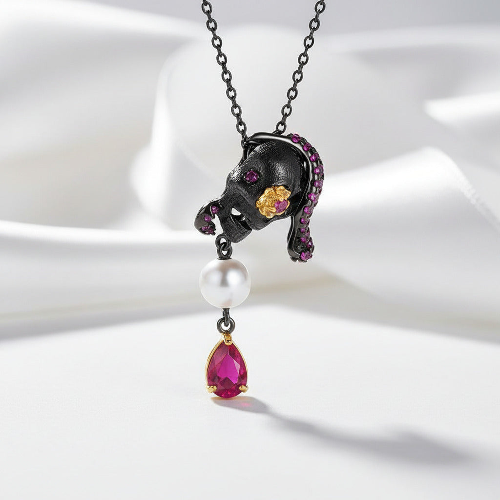 Gothic Skull with Freshwater Pearl Necklace-Black Diamonds New York