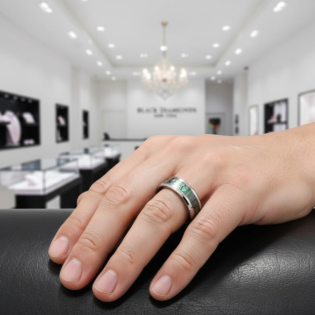 Green Abalone Men's Tungsten Wedding Band-Black Diamonds New York