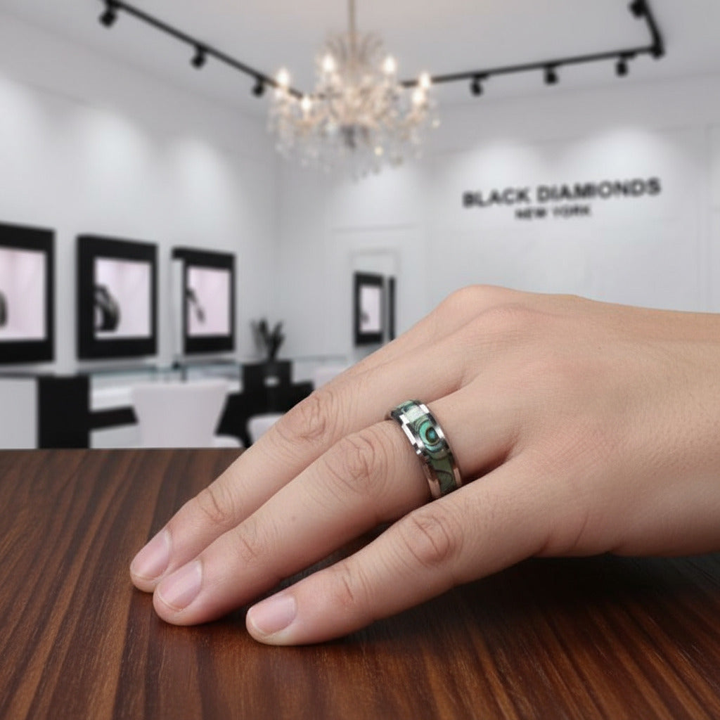 Green Abalone Men's Tungsten Wedding Band-Black Diamonds New York