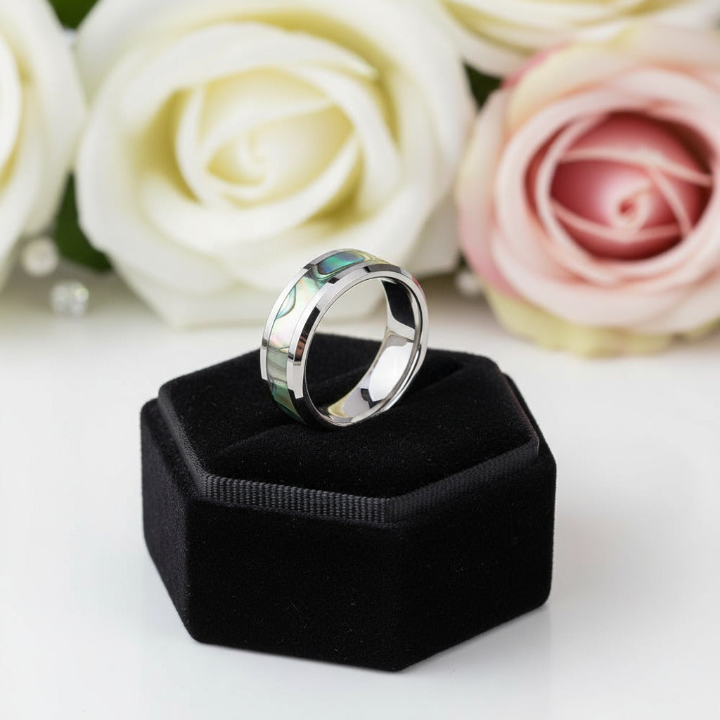 Green Abalone Men's Tungsten Wedding Band-Black Diamonds New York