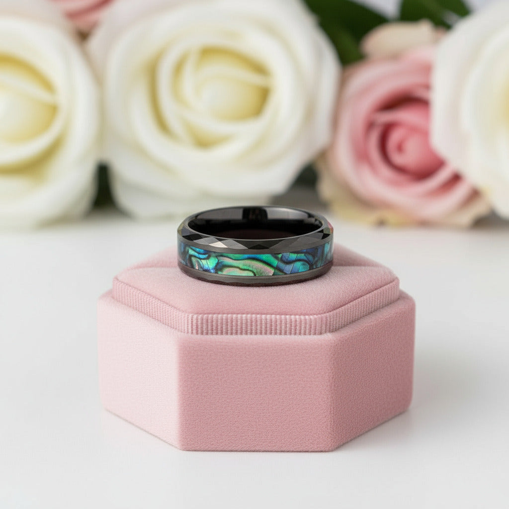 Green Abalone Shell Rhombus Tungsten Wedding Band-Black Diamonds New York