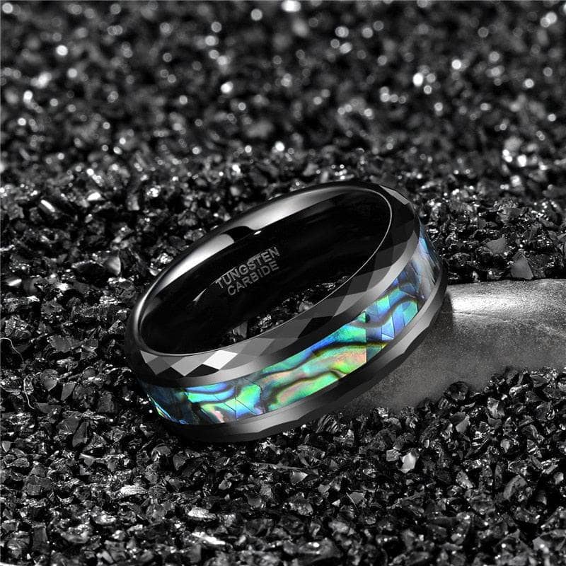 Green Abalone Shell Rhombus Tungsten Wedding Band-Black Diamonds New York