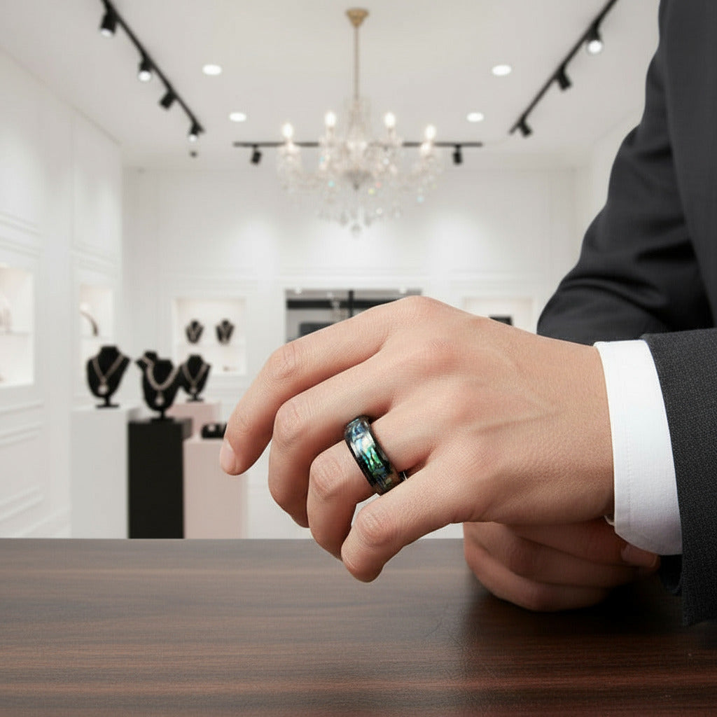 Green Abalone Shell Rhombus Tungsten Wedding Band-Black Diamonds New York