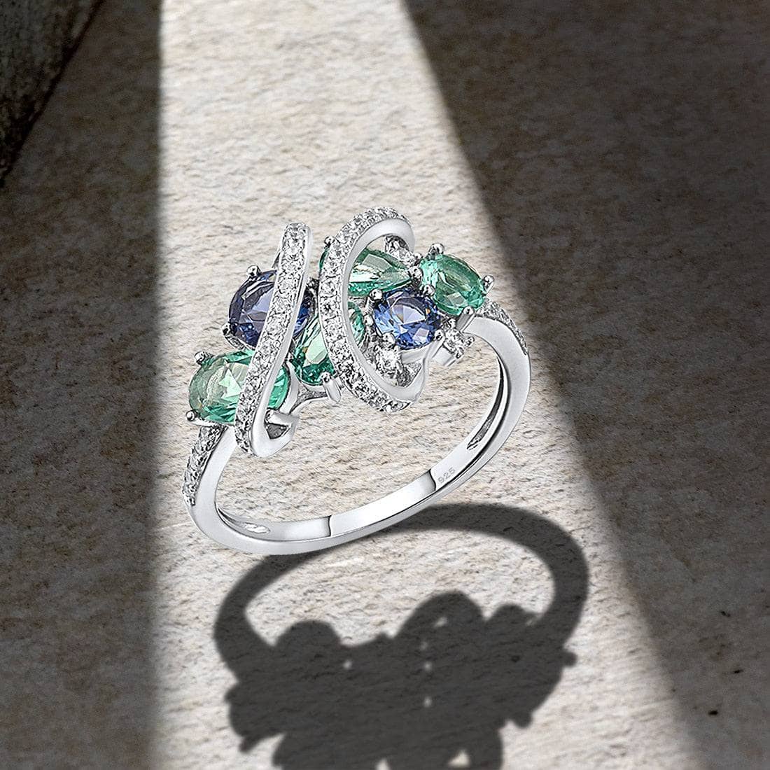 Green & Blue Spinel with Created Diamond Ring-Black Diamonds New York