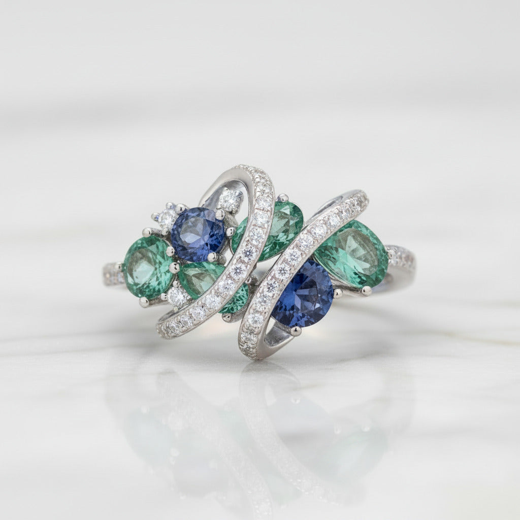 Green & Blue Spinel with Diamond Option Ring-Black Diamonds New York