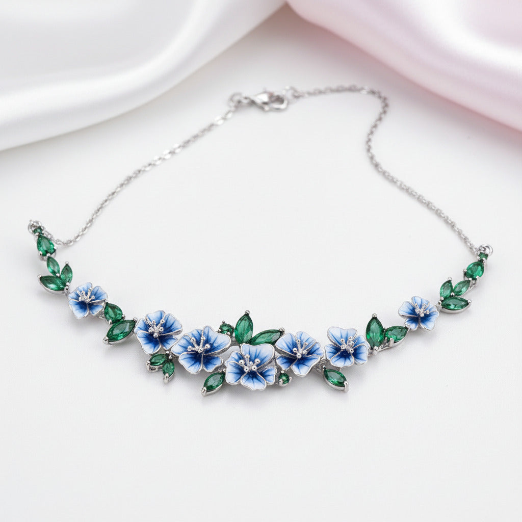 Green Spinel Blooming Enamel Flower Necklace-Black Diamonds New York