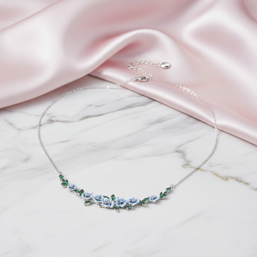 Green Spinel Blooming Enamel Flower Necklace-Black Diamonds New York