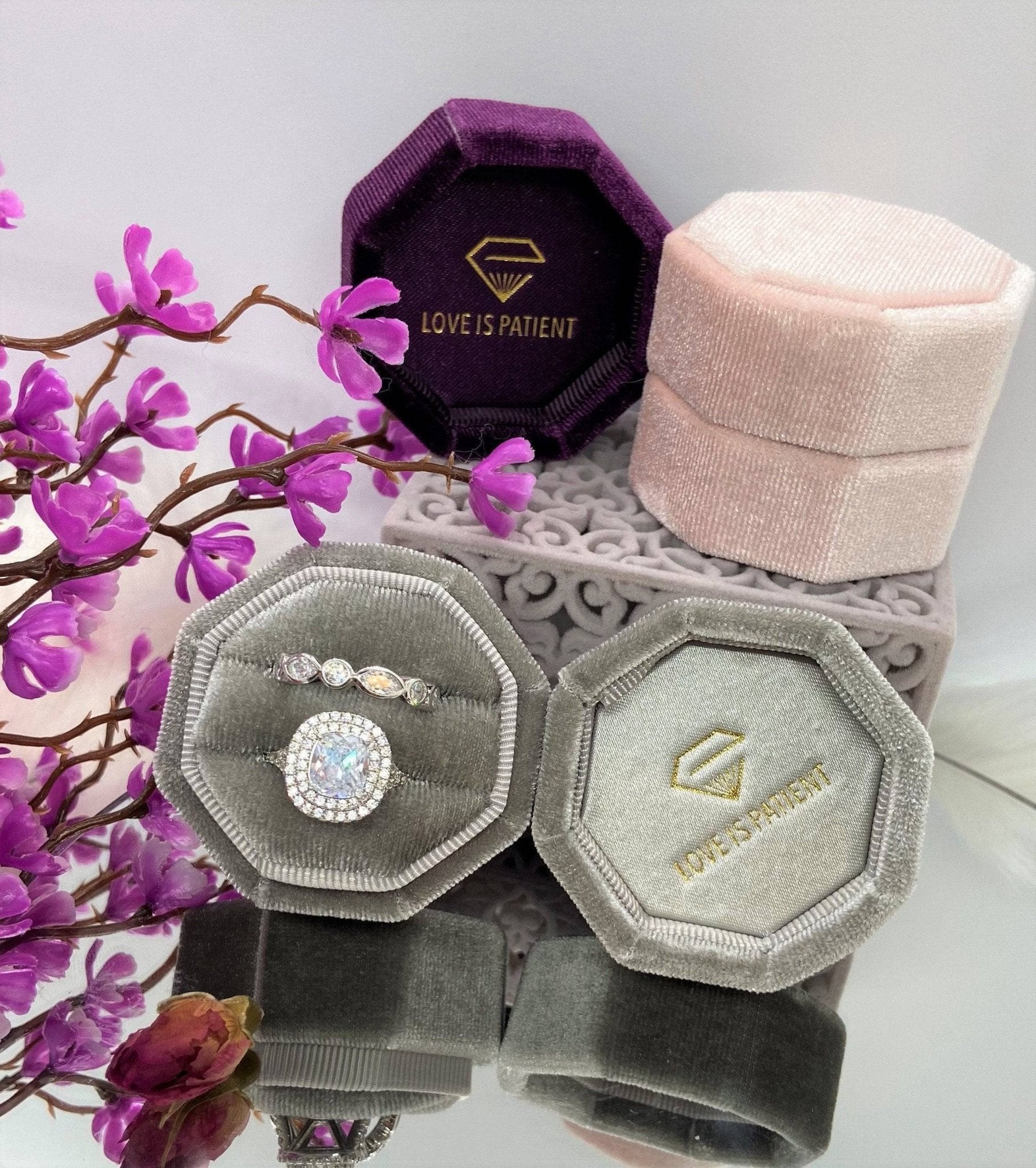 Grey Love Is Patient Double Ring Slots Octagon Velvet Ring Box-Black Diamonds New York