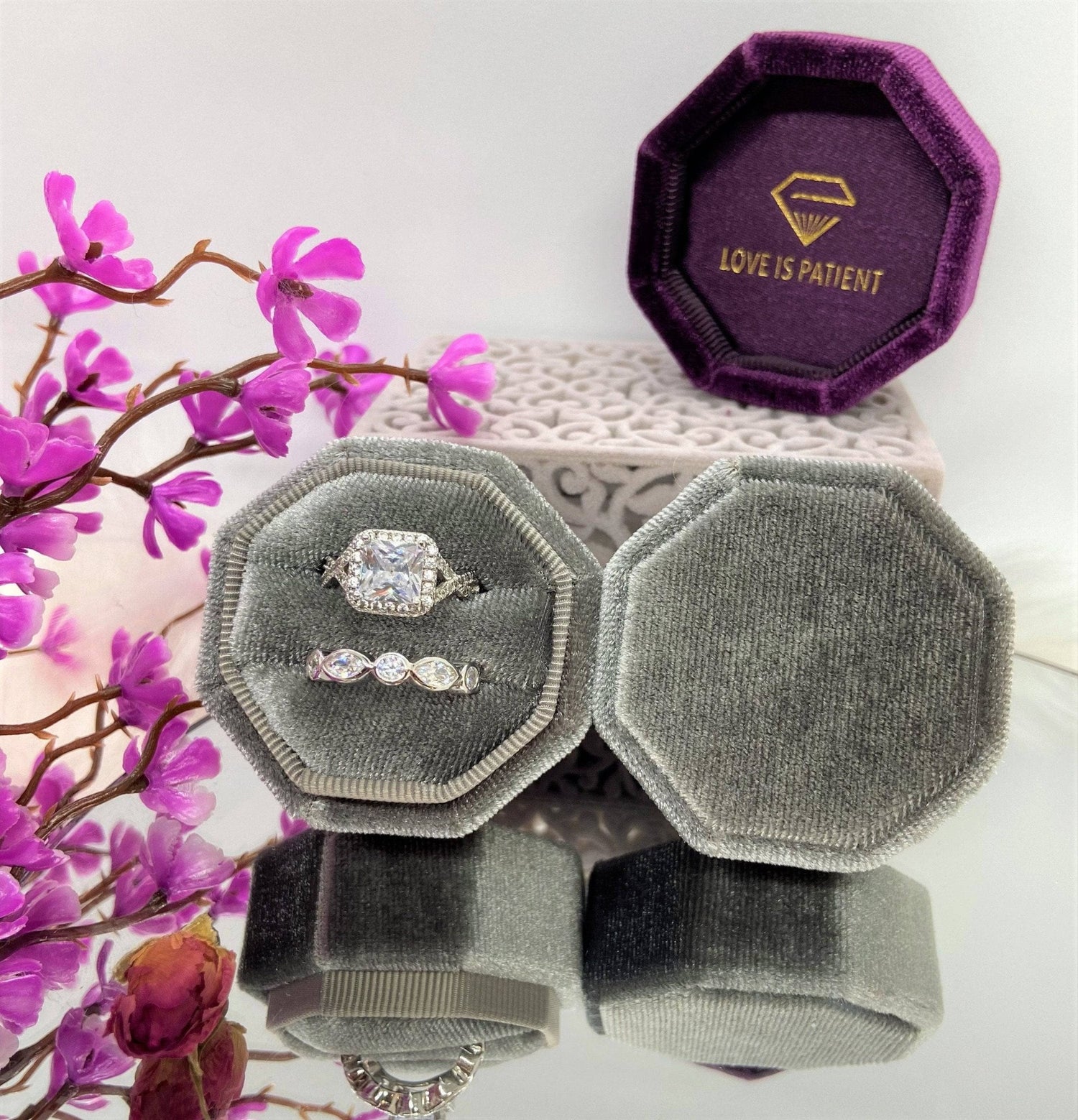 Grey Love Is Patient Double Ring Slots Octagon Velvet Ring Box-Black Diamonds New York
