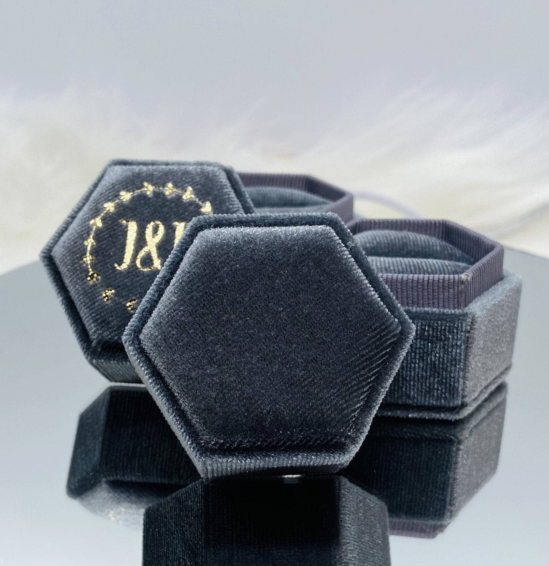 Grey Single Slot Hexagon Velvet Ring Box-Black Diamonds New York