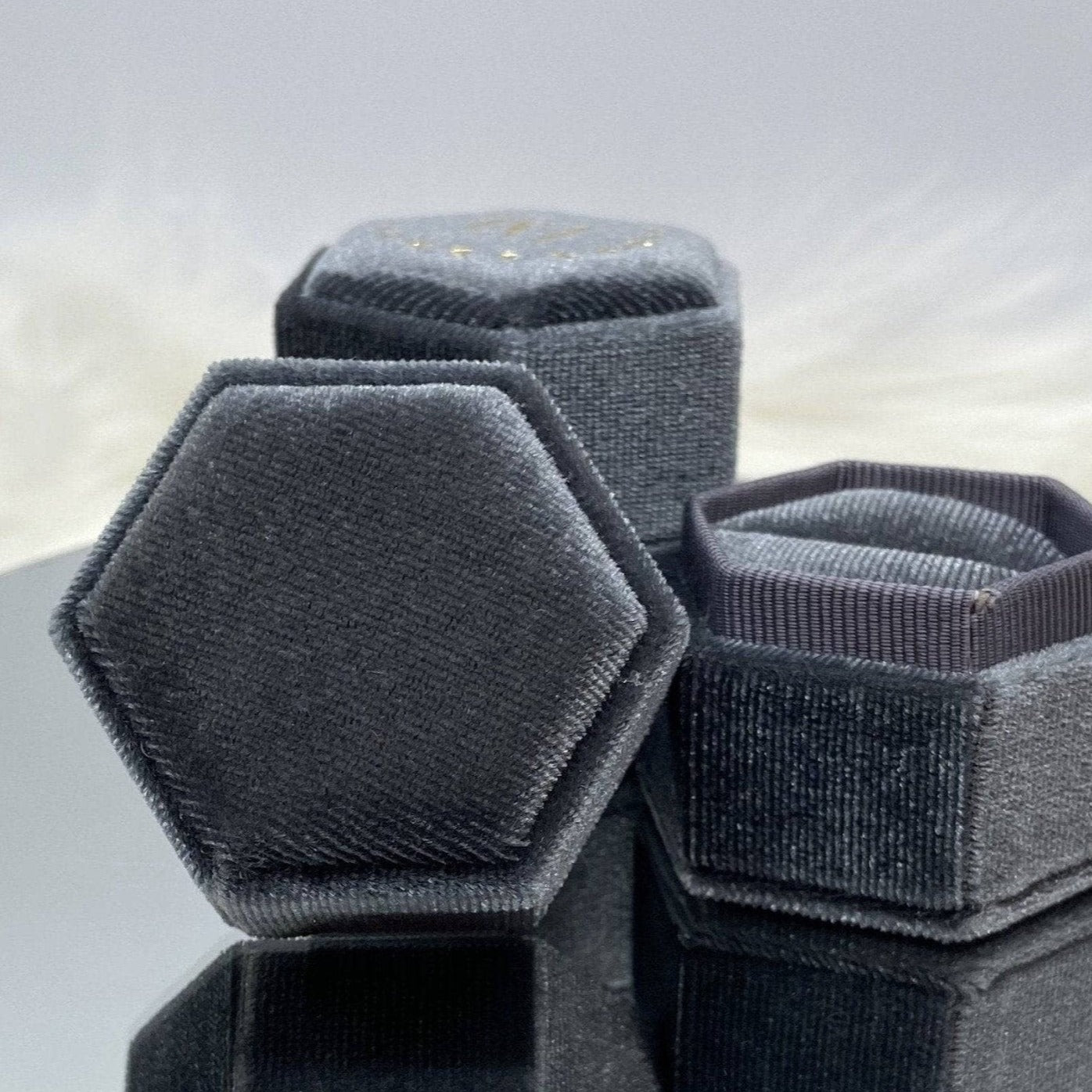 Grey Single Slot Hexagon Velvet Ring Box-Black Diamonds New York