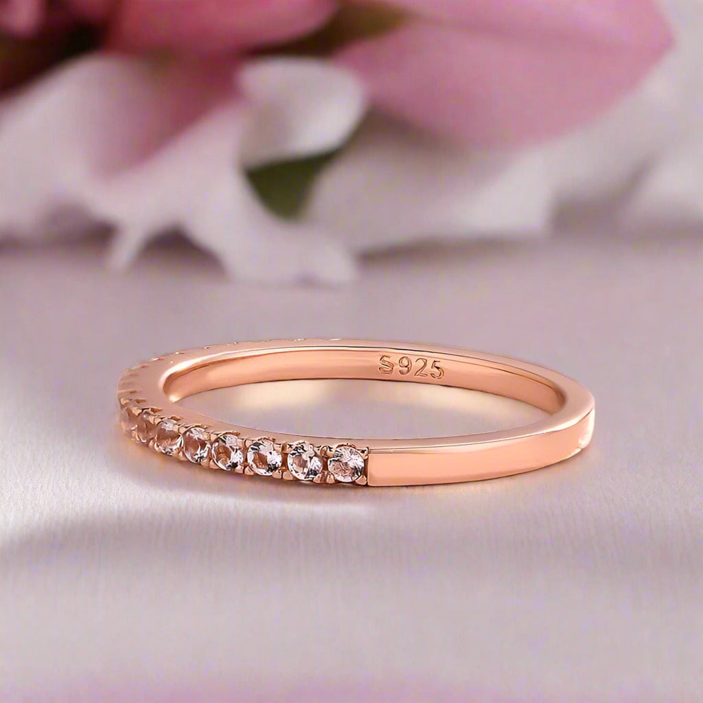 Half Eternity Rose Gold Peachy Pink Stone Wedding Band-Black Diamonds New York