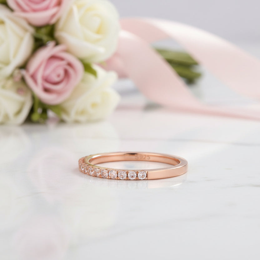 Half Eternity Rose Gold Peachy Pink Stone Wedding Band-Black Diamonds New York