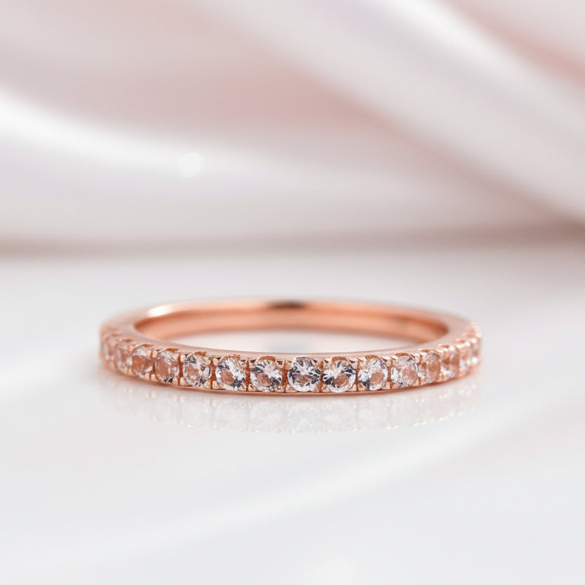 Half Eternity Rose Gold Peachy Pink Stone Wedding Band-Black Diamonds New York