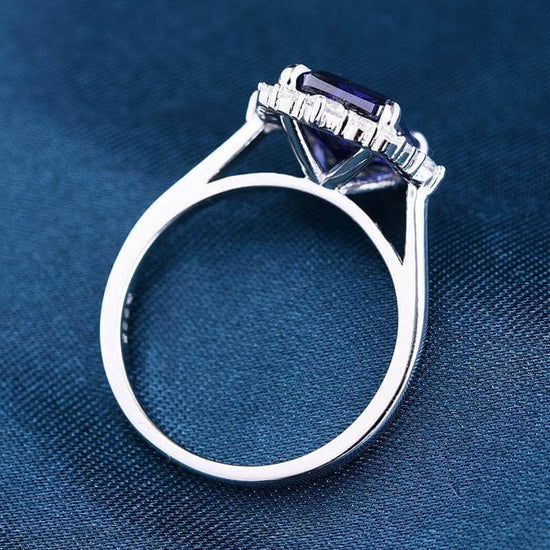 Halo Blue Sapphire Emerald Cut Wedding Ring Set from Black Diamonds New ...