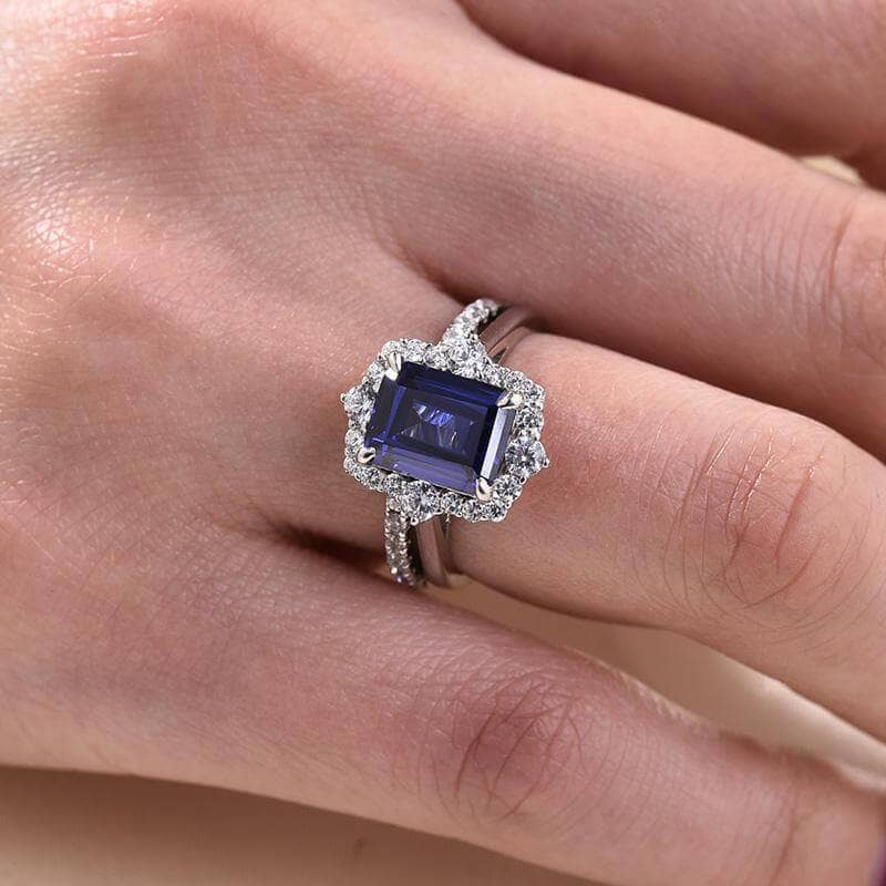 Halo Blue Sapphire Emerald Cut Wedding Ring Set - Black Diamonds New York