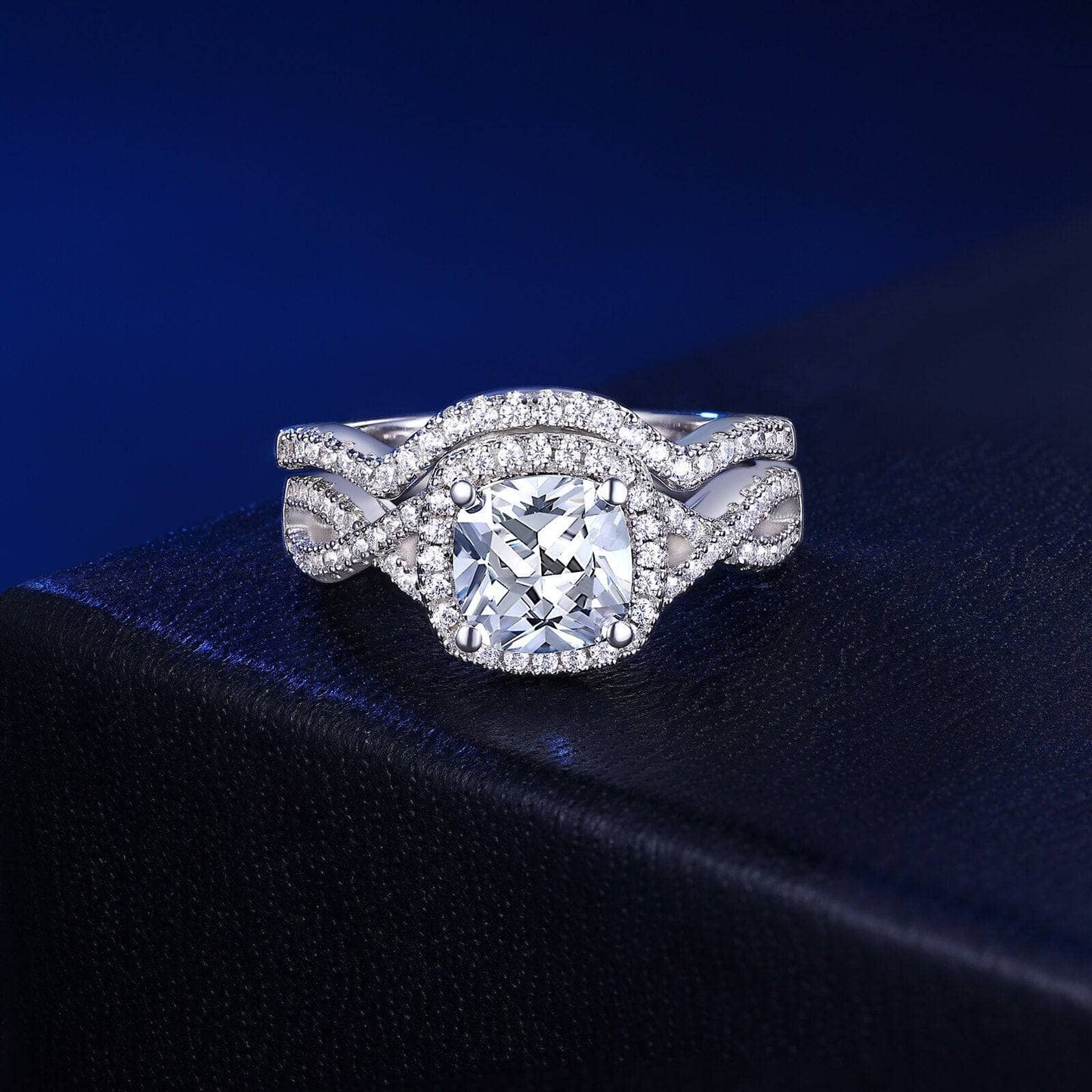 Halo Cushion Cut Created Diamond Infinity Engagement Ring Set-Black Diamonds New York