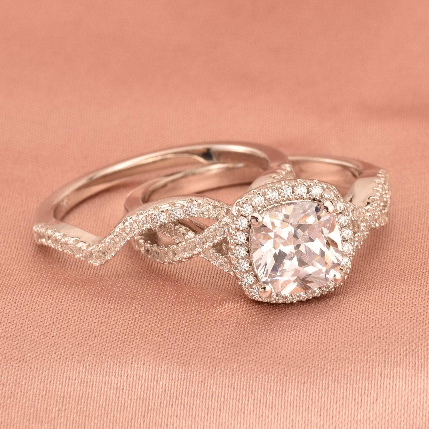 Halo Cushion Cut EVN Stone Infinity Engagement Ring Set-Black Diamonds New York