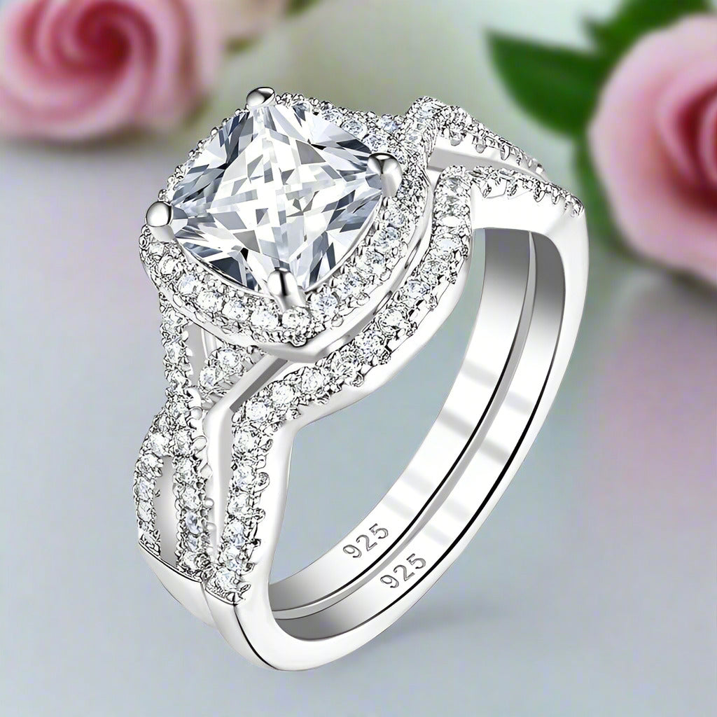 Halo Cushion Cut Diamond Infinity Engagement Ring Set-Black Diamonds New York