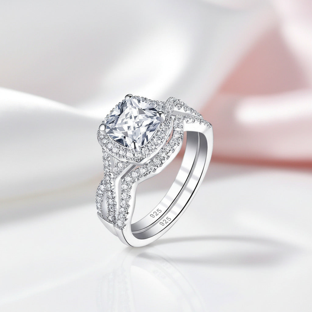 Halo Cushion Cut Diamond Option Infinity Engagement Ring Set-Black Diamonds New York