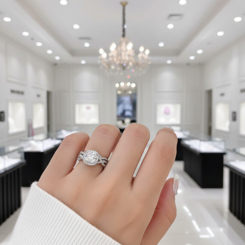 Halo Cushion Cut Diamond Option Infinity Engagement Ring Set-Black Diamonds New York