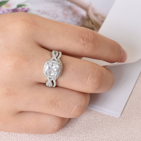 Halo Cushion Cut Created Diamond Infinity Engagement Ring Set-Black Diamonds New York