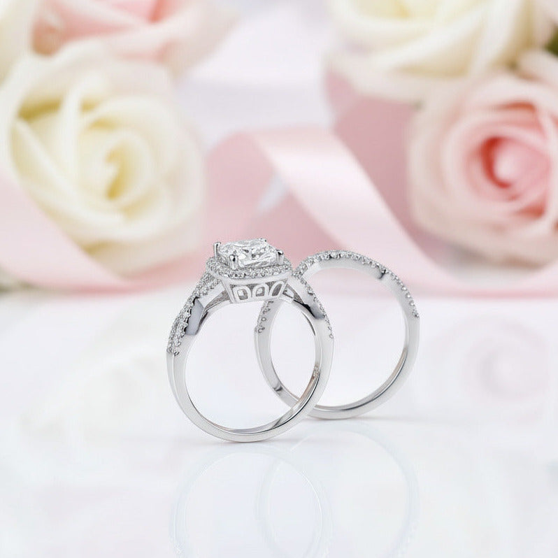 Halo Cushion Cut Diamond Option Infinity Engagement Ring Set-Black Diamonds New York