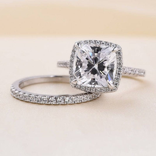 Halo Cushion Cut Sona Simulated Diamond Wedding Ring Set - Black Diamonds New York