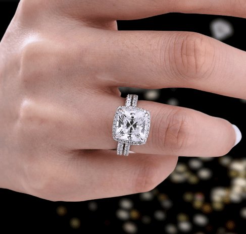 Halo Cushion Cut Sona Simulated Diamond Wedding Ring Set-Black Diamonds New York