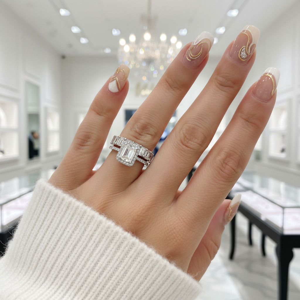 Halo Emerald Cut Ring & Diamond Option Wedding Band Set-Black Diamonds New York