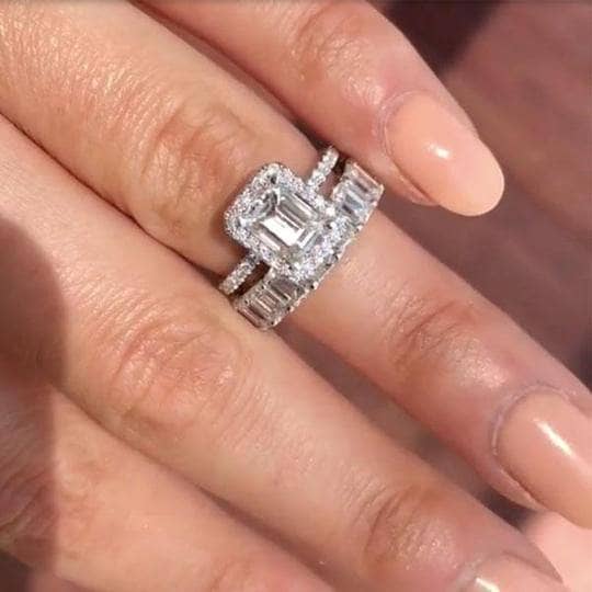 Halo Emerald Cut Ring & Diamond Wedding Band Set - Black Diamonds New York