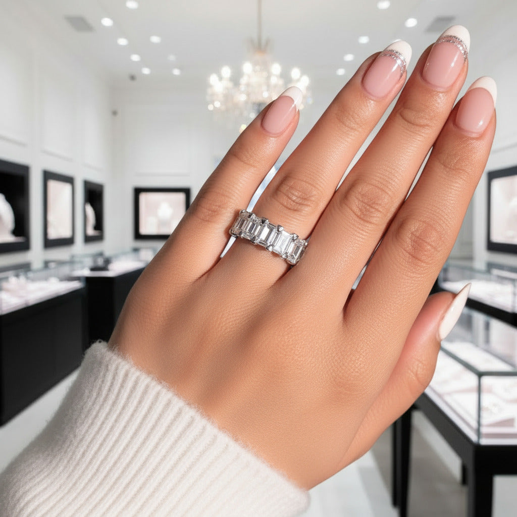 Halo Emerald Cut Ring & Diamond Option Wedding Band Set-Black Diamonds New York