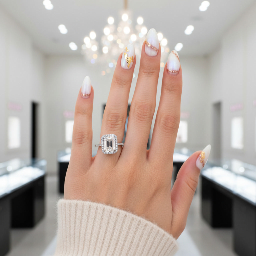 Halo Emerald Cut Ring & Diamond Option Wedding Band Set-Black Diamonds New York