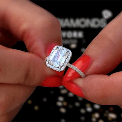 Halo Emerald Cut Ring & Diamond Wedding Band Set - Black Diamonds New York