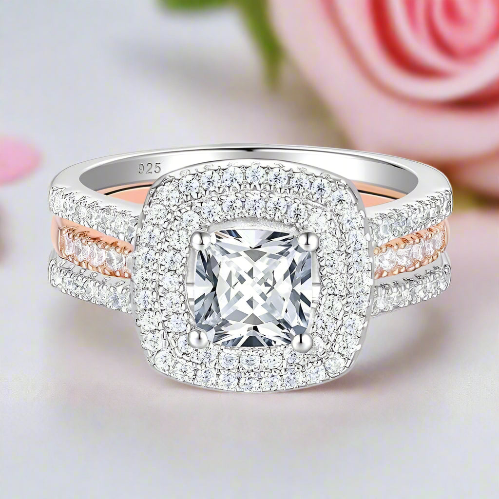 Cushion Cut Diamond Double Halo Two Tone Engagement Ring Set-Black Diamonds New York