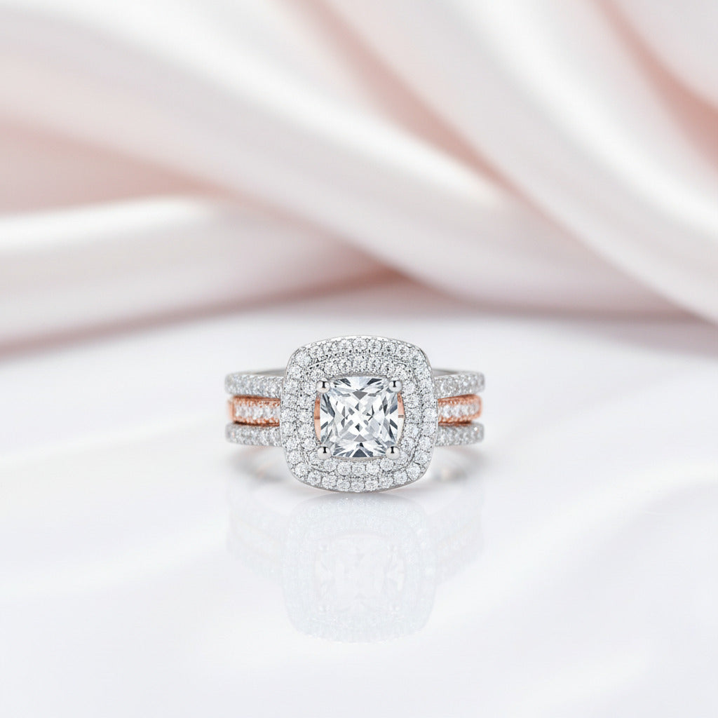 Cushion Cut Diamond Option Double Halo Two Tone Engagement Ring Set-Black Diamonds New York