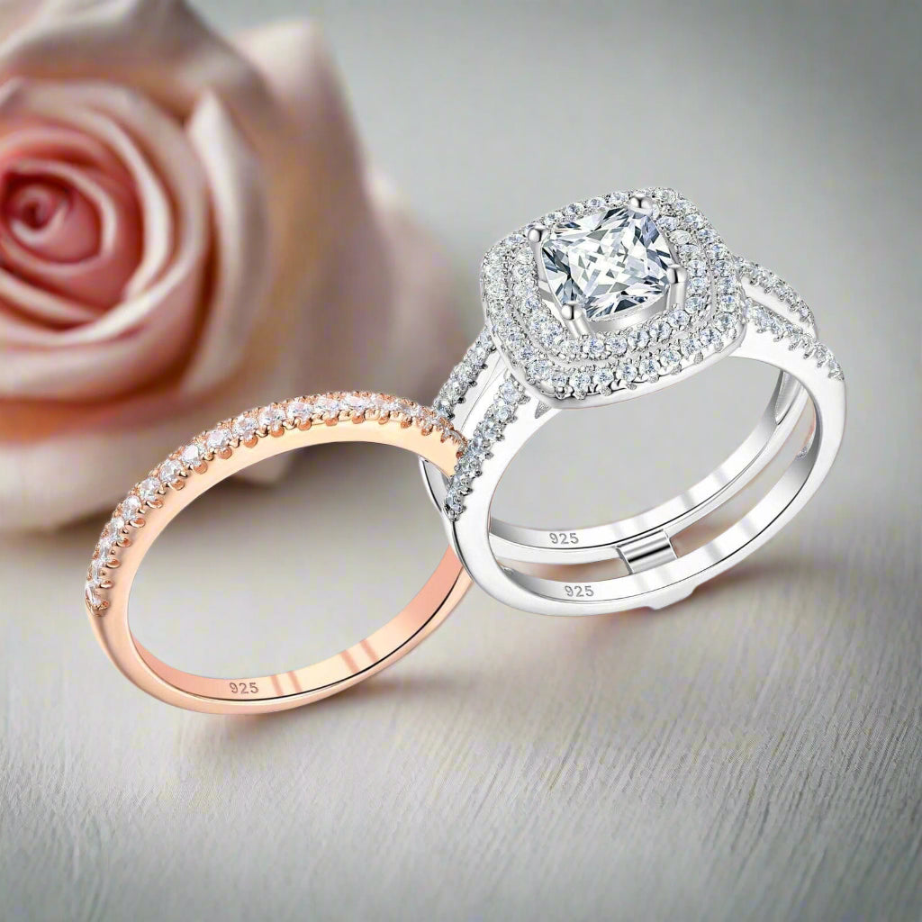 Cushion Cut Diamond Double Halo Two Tone Engagement Ring Set-Black Diamonds New York